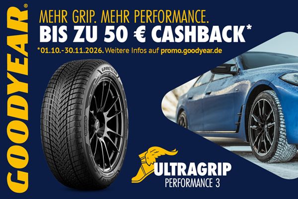 Bis zu 50,-€ Cashback beim Kauf von Goodyear Reifen.